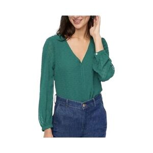 J.Crew Emerald Green Clip Dot V-Neck Blouse XL Lightweight Spring Top
